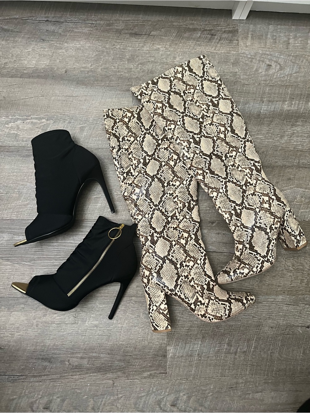 Shoe Dazzle Black Stiletto Ankle Boots & Snake Print Knee-High Boots